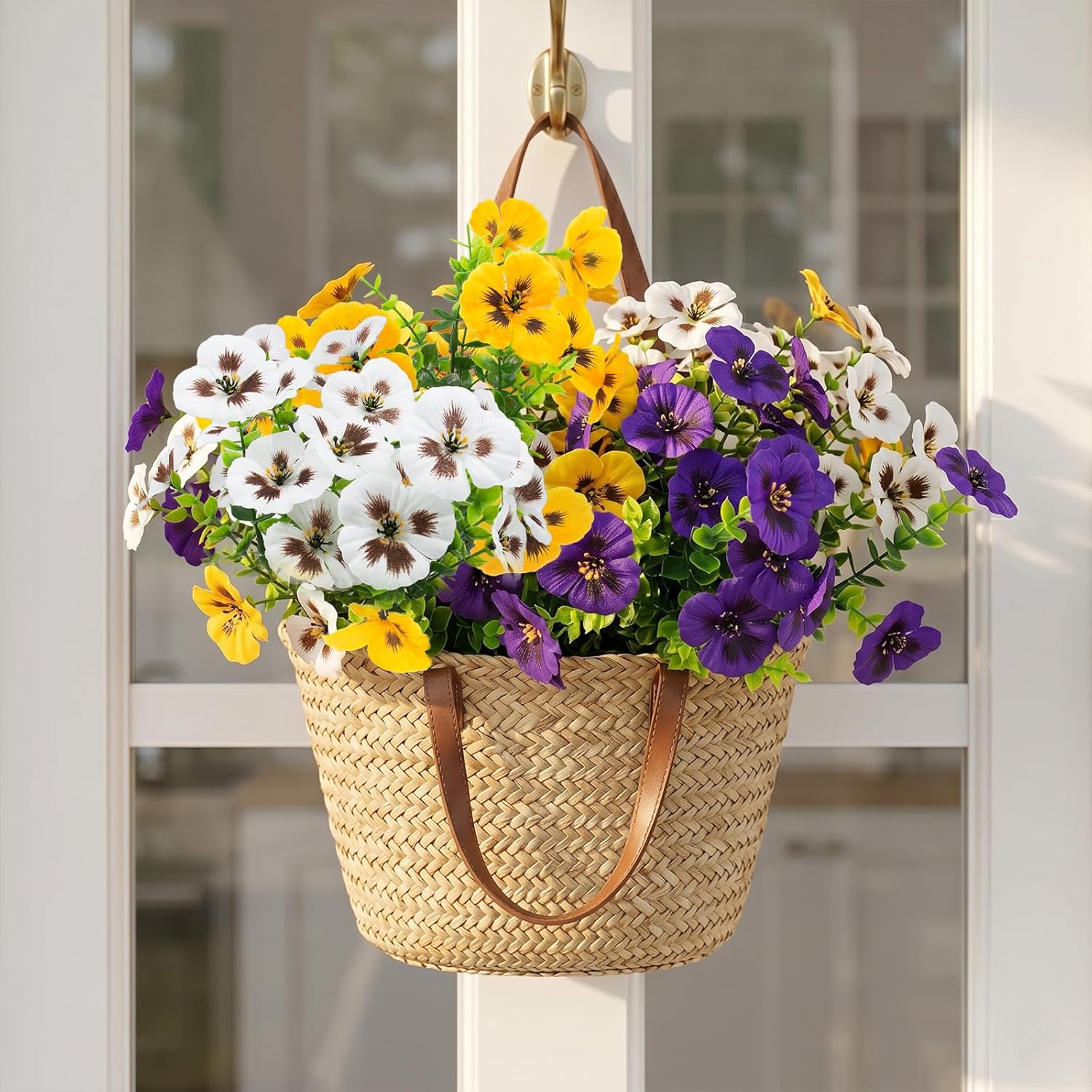 Rowfad 18 Pcs Artificial Fake Pansy Flowers for Outdoor, Faux Silk Pansies Spring Flowers for Outside for Planter Front Door Porch Yard Patio Window Box Home Decor (18, Purple, Yellow, White)