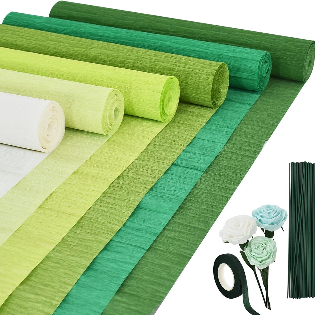 BEISHIDA 6 Rolls Crepe Paper Roll, 6 Green Series Crepe Paper Sheet for Flower Making, Flowers Kit with Tape and Wire for Wedding Birthday Holiday Party Decoration,DIY Craft(9.8in x 8ft/Roll)