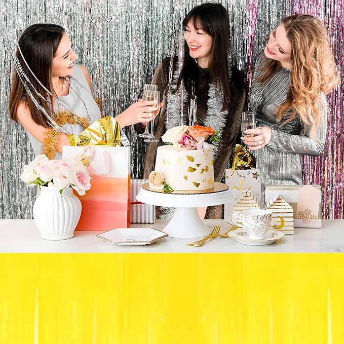 3 Pack 29 x108 Inch Macaron Yellow Foil Fringe Table Skirts Metallic Banner for Tinsel Streamer Garland Backdrop for Parade Floats Mother's Day, Graduate, Birthday, Wedding Party Decoration