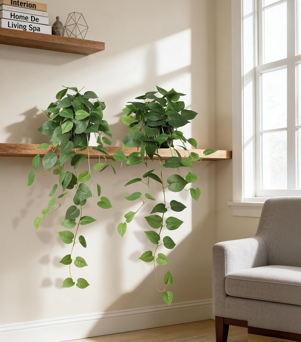 Fake Plants 2 Pcs Faux Pothos Plants Potted Indoor Artificial Hanging Plants ...