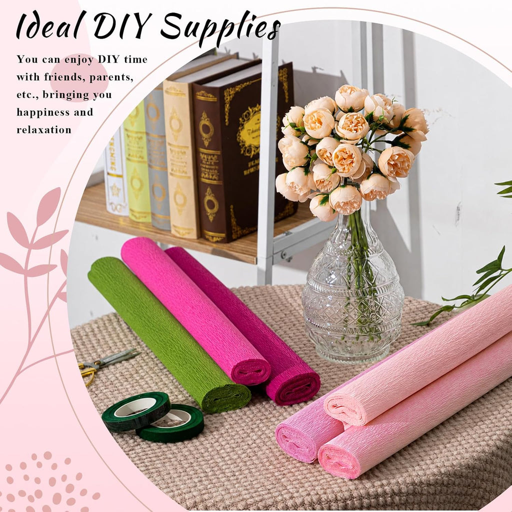 AmazingSpark 6 Colors Crepe Paper 17 x 98 Inch Crepe Paper Sheet with 5 Set Different Petal Template, 2 Roll Floral Tape, Iron Wire and Hot Melt Glue Stick DIY Craft Party (Red Rose Color Scheme)