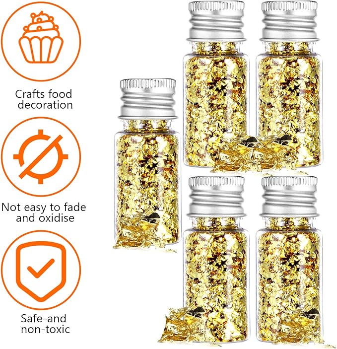 5Pcs Decorative Gold Leaf, Multifunction Gold Flakes Cake Decoration Baking Foil Decor with Plastic Tweezers for Cooking Dessert Steak Decoration Crafts Makeup