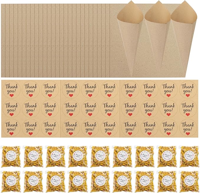 PATIKIL Dried Flower Confetti Cones, 30Pcs Paper Tapers Cone Holder with Dried Rose Petal / Sticker for Wedding Party Engagement Birthday DIY Decoration, Light Yellow/Pink