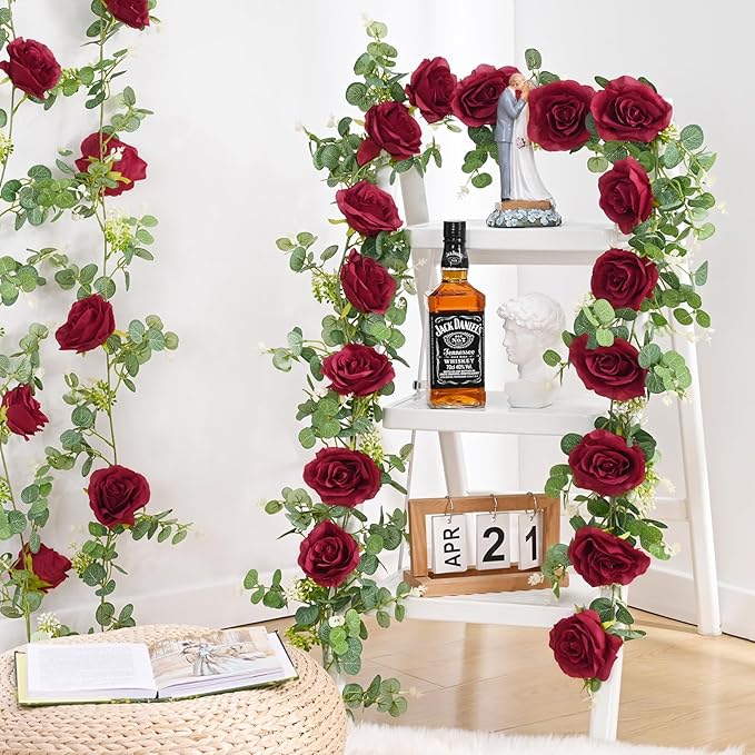 Dolicer 2Pcs 13Ft Artificial Eucalyptus Garlands with Flowers - 8 Roses, Faux Floral Greenery Garlands Fake Flowers Vines for Wedding Table Centerpieces Arch Party Ceremony Backdrop Decor (Red)
