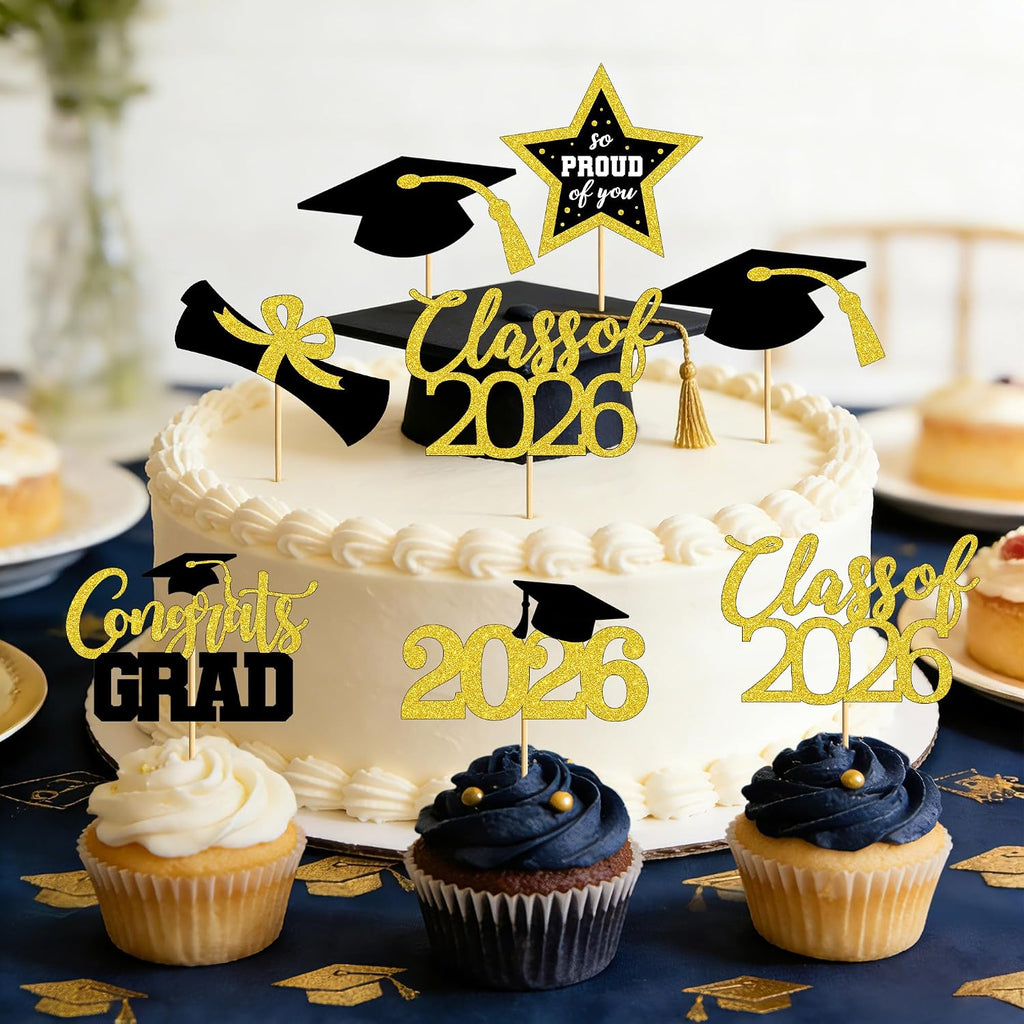 48 PCS Graduation Cupcake Toppers, 6 Styles Congrats Grad Cake Topper, Black and Gold Graduation Decorations 2026, Glittery Cap and Diploma Cake Picks for Grad Party Decor Supplies