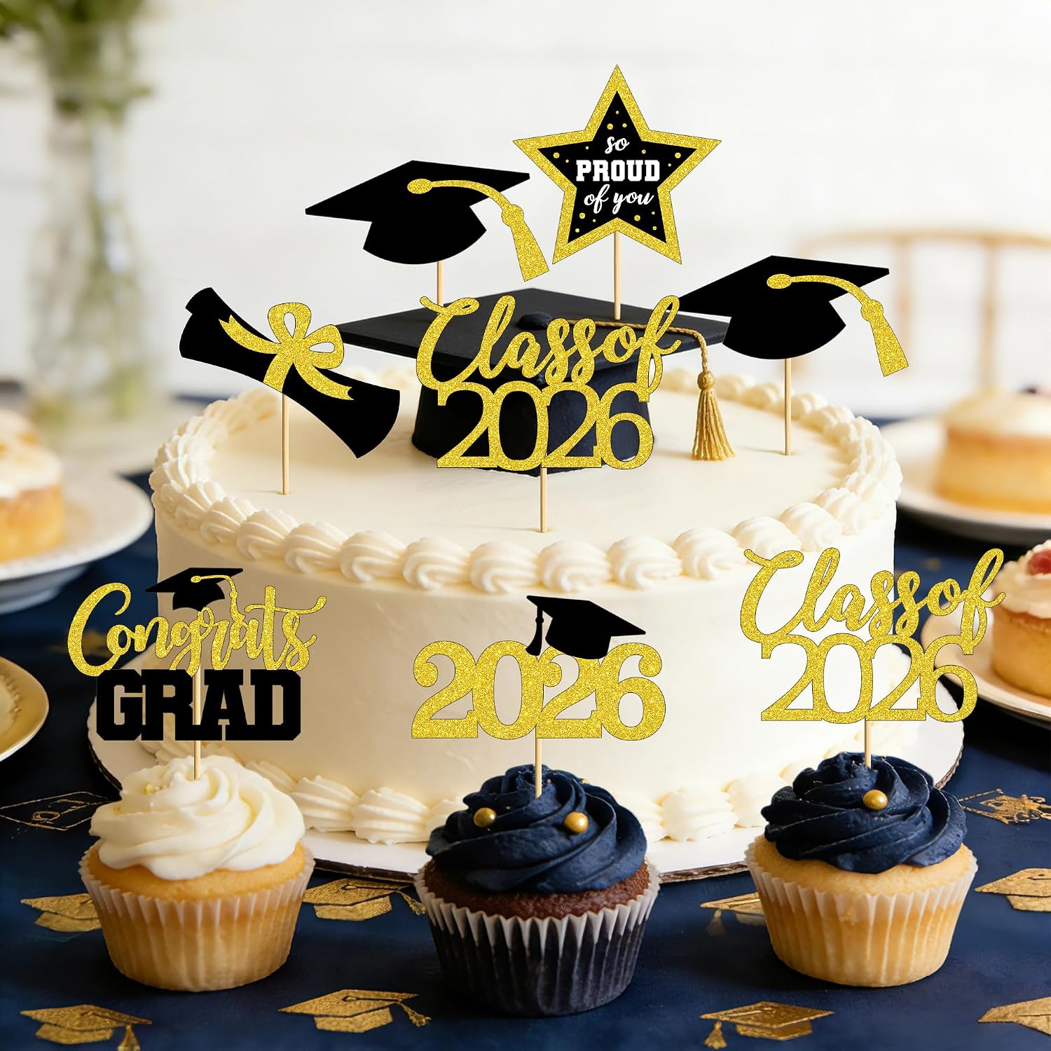 48 PCS Graduation Cupcake Toppers, 6 Styles Congrats Grad Cake Topper, Black and Gold Graduation Decorations 2026, Glittery Cap and Diploma Cake Picks for Grad Party Decor Supplies