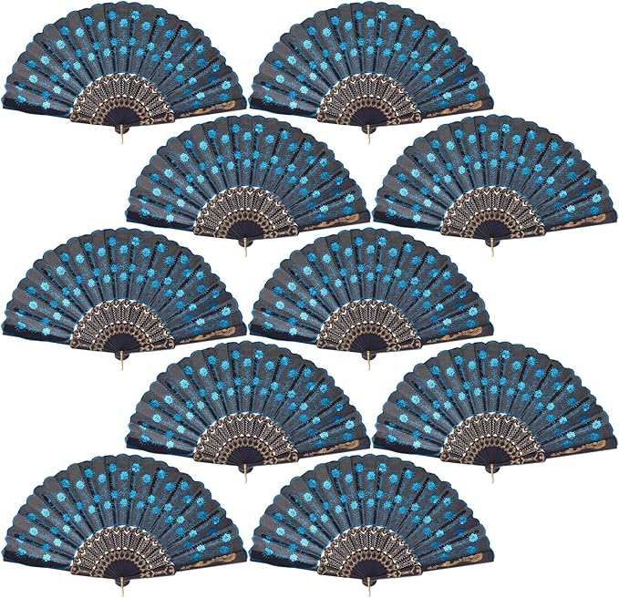 QIRMIZI 30 Pack Fabric Folding Handheld Fans, Perfect for Weddings, Parties, and Dancing,Light Blue