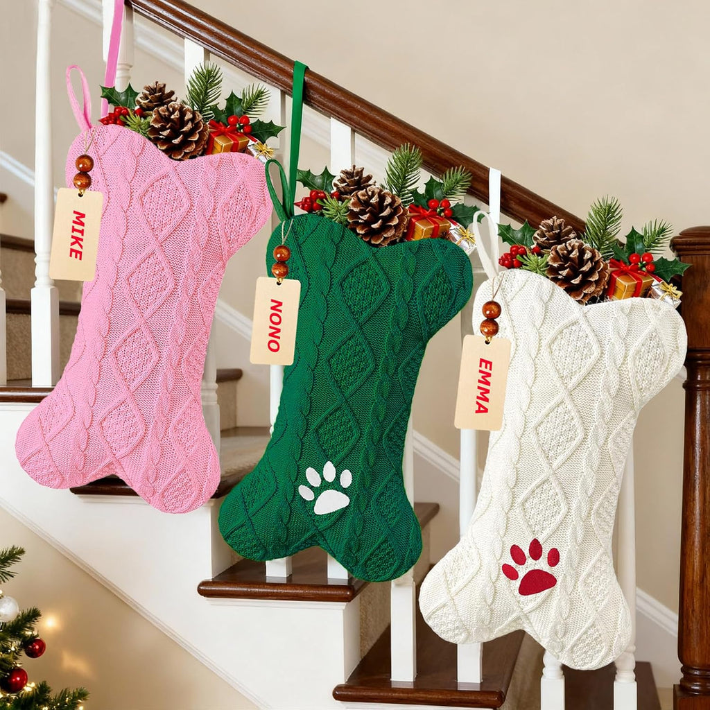Personalized Dog Christmas Stockings 18’’ with Metal Holders & Name Tags, Paw-Print Embroidery Large Bone Shape Pet Hanging Stockings Xmas Knit Dogs Stocking for Christmas Decoration Party Décor-White