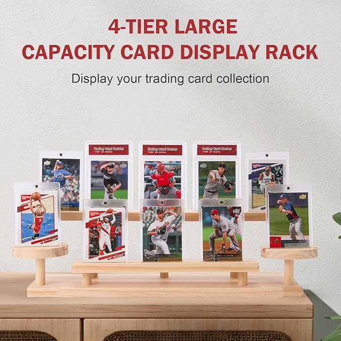 Wooden Trading Card Display Stand, 3-Tier Card Holder for Graded, Sports and TCG Cards, Tabletop Display Holder, Rustic Solid Wood Shelf Stand for Basketball Football Hockey(Wood Grain)