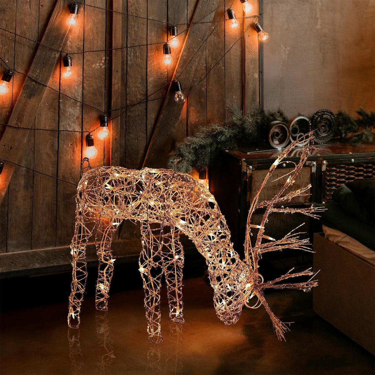 alpine corporation 24" tall outdoor rattan grazing reindeer, main product view