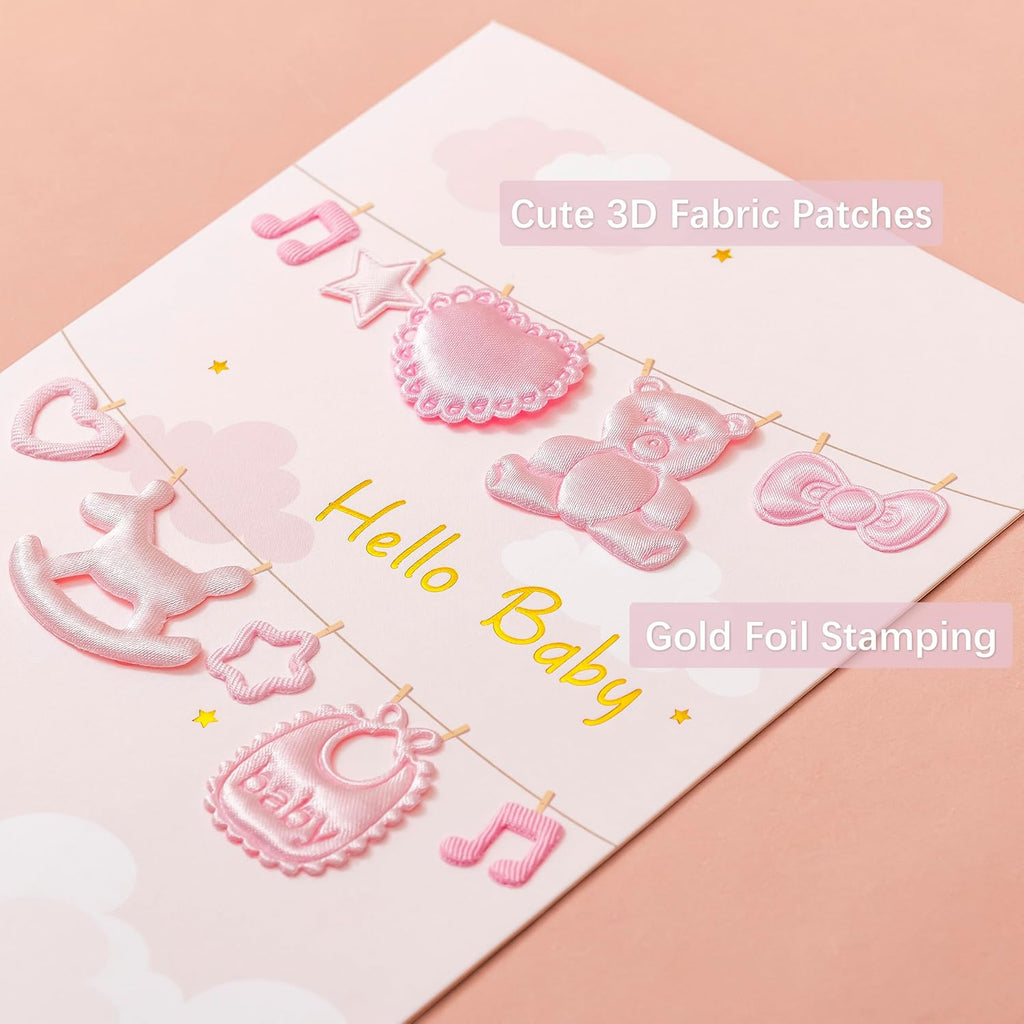 Crisky Baby Shower Card for Girls -3D Fabric Decor- Pink Rose Gold Welcome Congratulations Baby Card for New Baby Girl （Pink Bear）,5x7