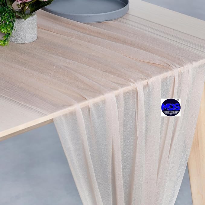 MDS 15 Pack 10ft Chiffon Table Runner 29 x 120 Inches Sheer Wedding Runner Romantic Rustic Table Runner for Wedding Decorations, Birthday Parties, Bridal Shower Party Arch Decor - Nude