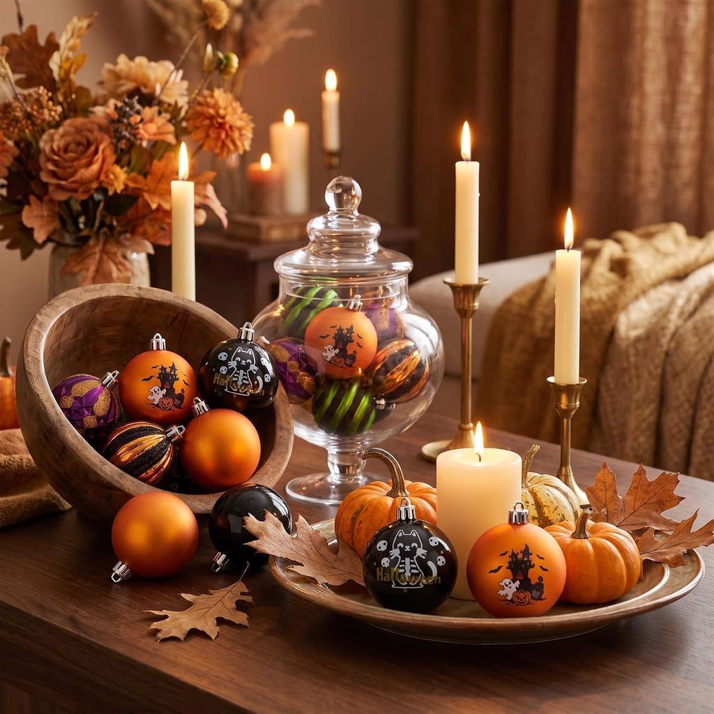Valery Madelyn 16ct Halloween Ornaments Tree Decorations Indoor 2 Inch | Black Cat Castle Vintage Variety Hanging Ball Ornaments Set for Small Tree, Cute Holiday Party Home Decor