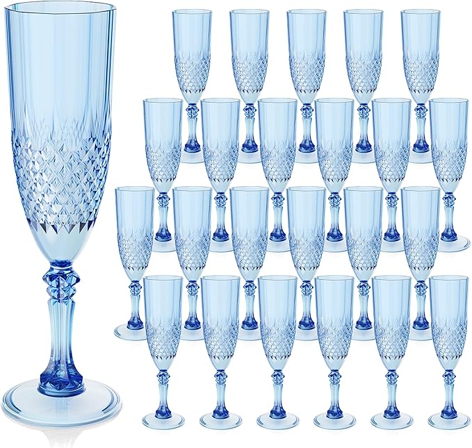 Plastic Champagne Flutes, 24PCS Blue Wine Glasses Goblets Cups Reusable Flute, for Weddings Bachelor Parties Toasting and Events (24, Blue)