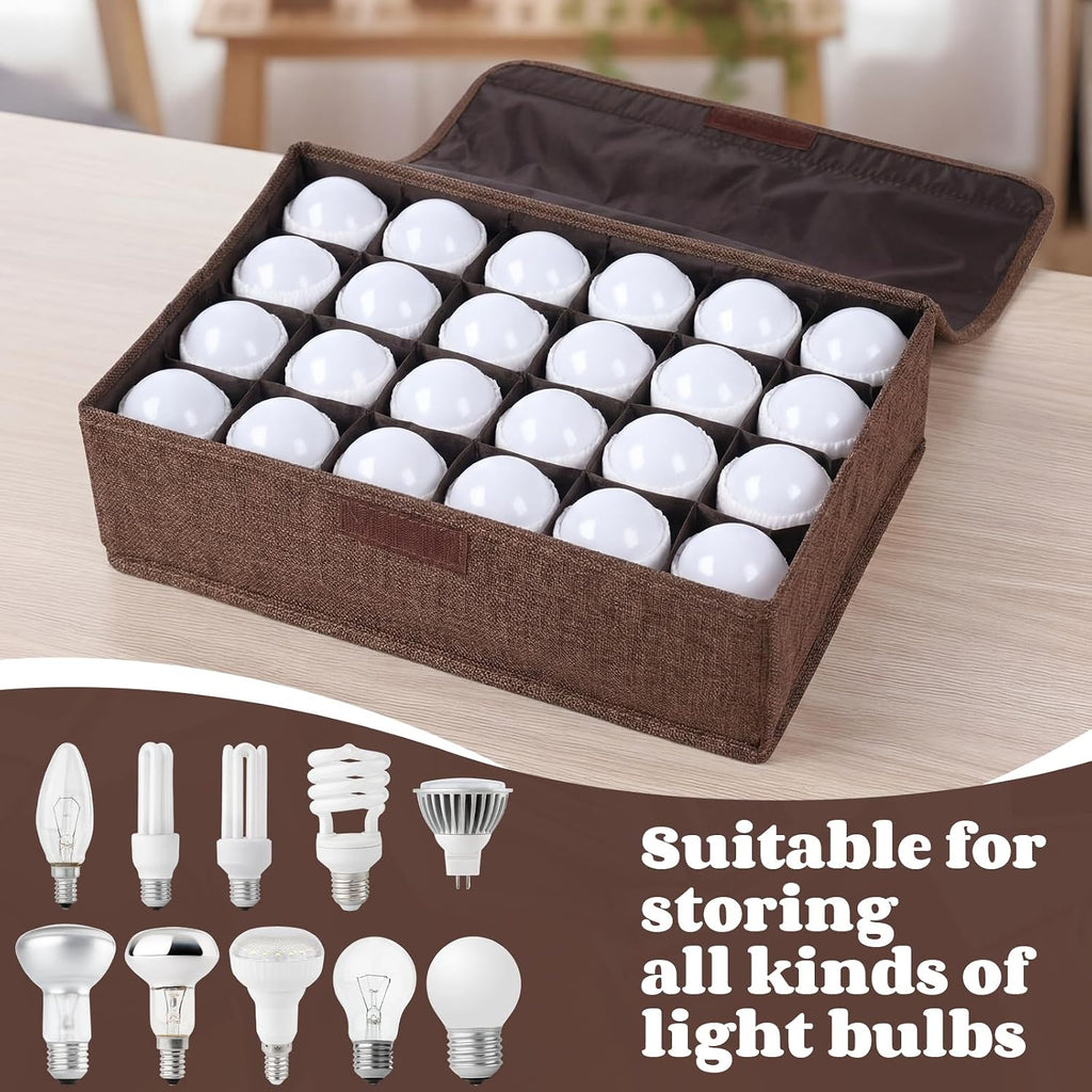 1 Pcs Light Bulb Organizer Storage Box Ornament Storage with 30 Dividers Foldable Bulbs Organizer with Lid Sturdy PP Board Fits Various Standard Dustproof Fabric Case for Home Vbs (Coffee)