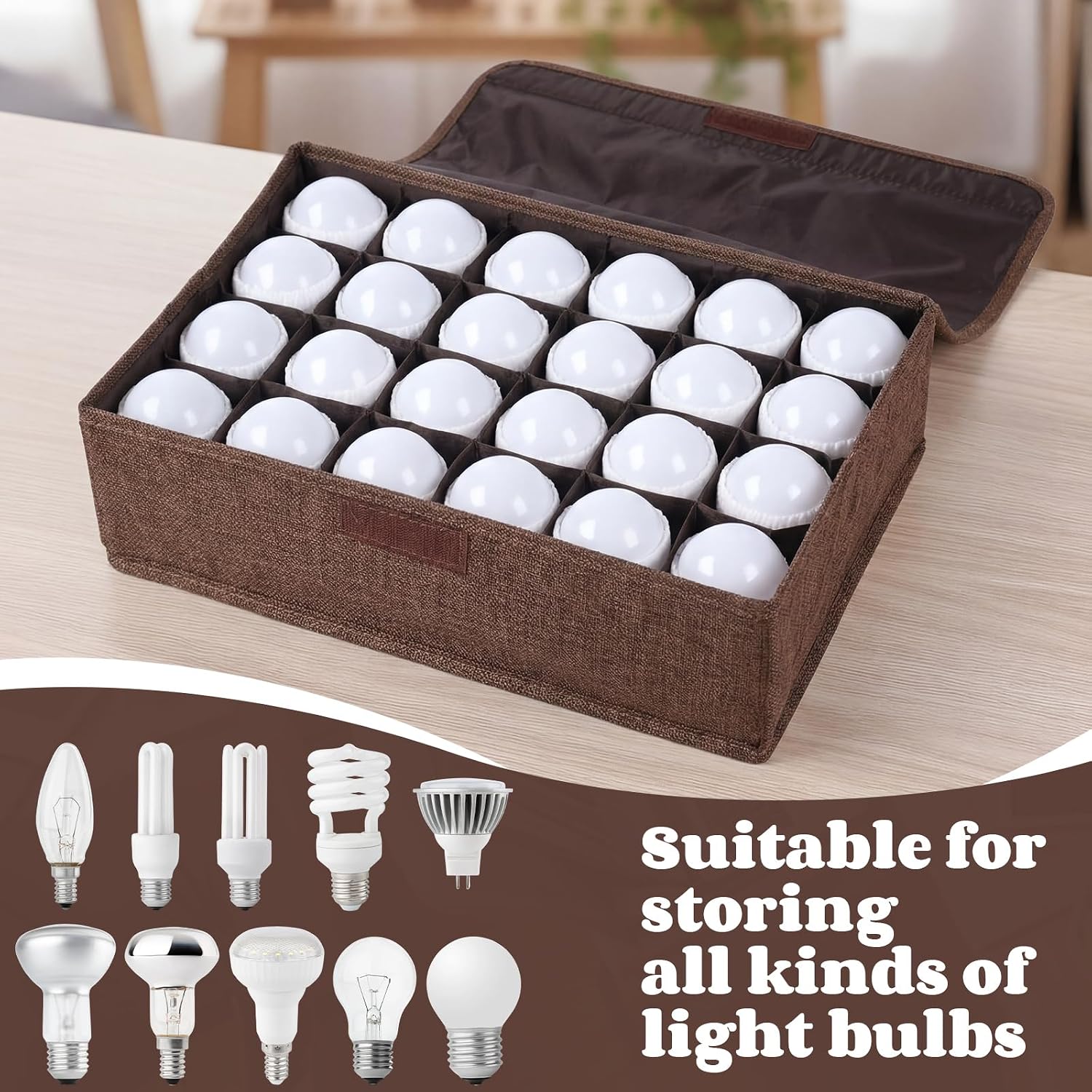 1 Pcs Light Bulb Organizer Storage Box Ornament Storage with 30 Dividers Foldable Bulbs Organizer with Lid Sturdy PP Board Fits Various Standard Dustproof Fabric Case for Home Vbs (Coffee)