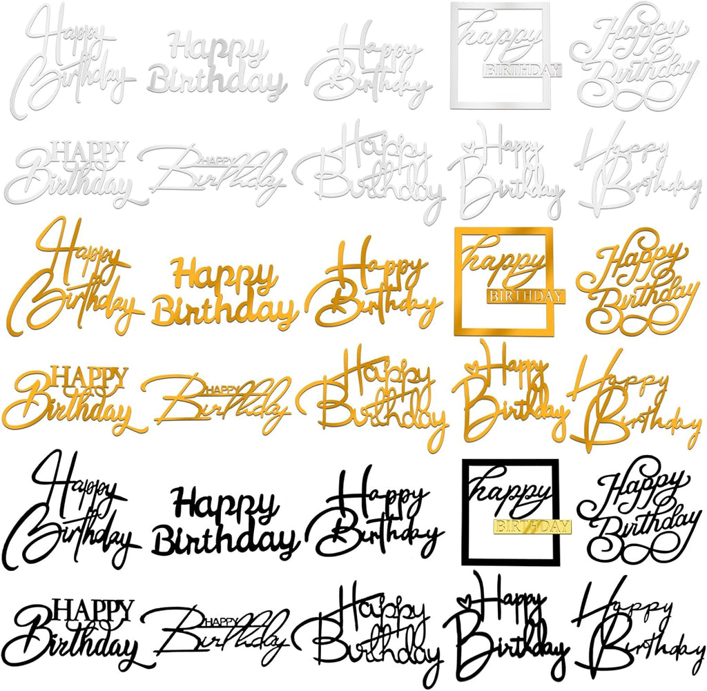 30PCS Happy Birthday Cake Topper Acrylic Cake Toppers for Party Supplies | Mirror Design Total 10 Styles Double-Sided DIY Gift Gold Silver Black Mixed