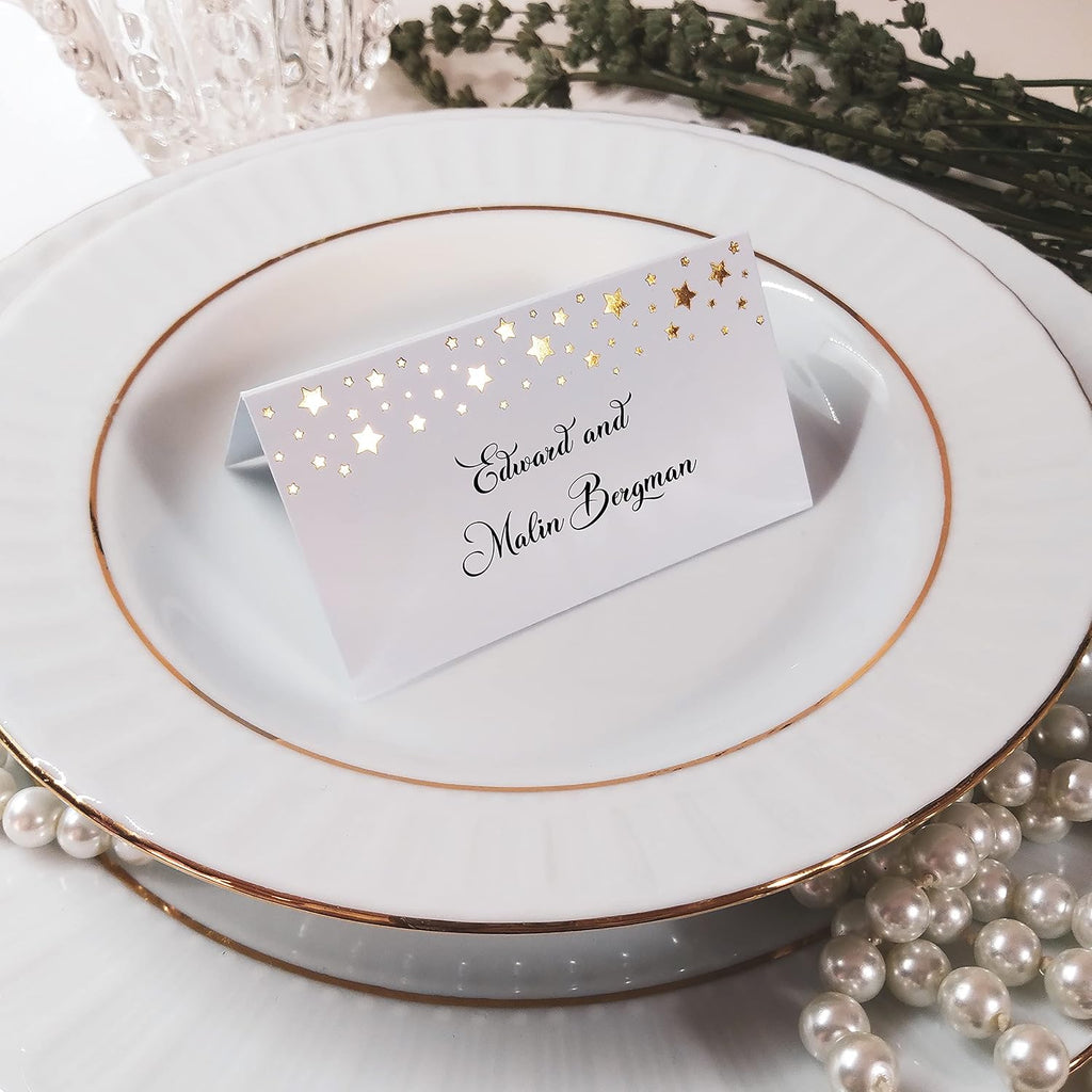 CLEVER SIGNS 100 Pack Gold Place Cards for Wedding Party Reception, 2" X 3.5, Double Design, Gold Foil Stars and Line, Scored for Easy Folding, Place Cards for Table Setting