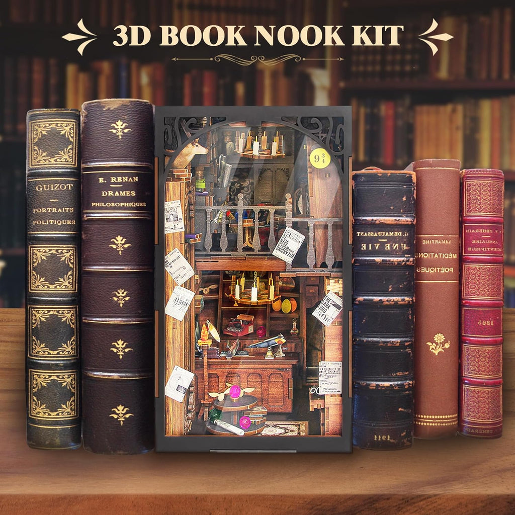 diy book nook kit, 3d wooden puzzle miniature on a desk or shelf