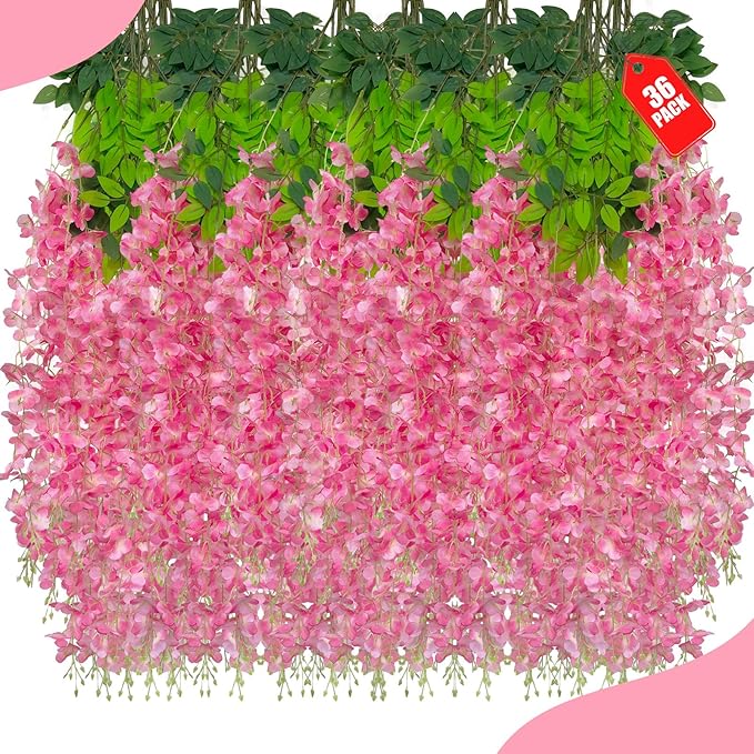 36 Pack Dark Pink Wisteria Hanging Flowers, 3.44 Ft Fake Hanging Flowers, Artificial Wisteria Garland Vines for Wedding Room Backdrop Outdoor Patio Garden Decoration