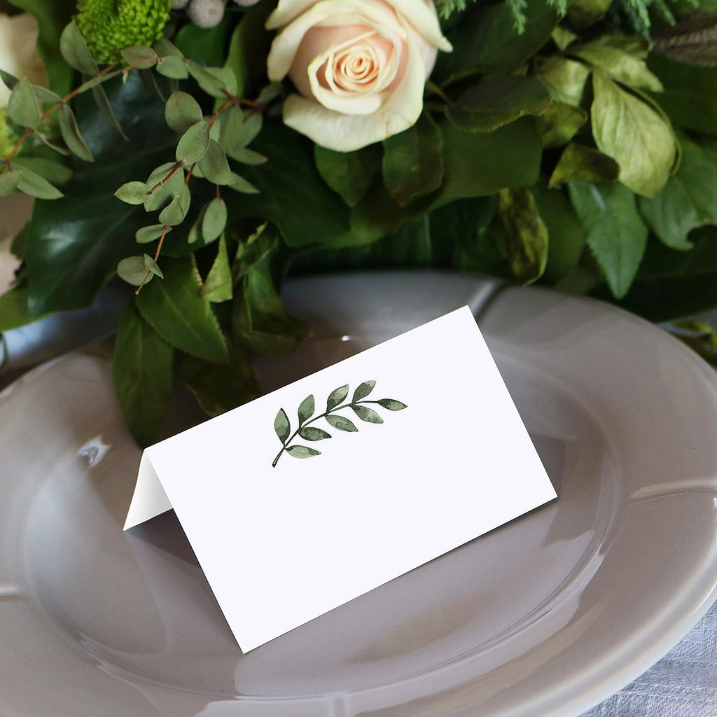 321Done Greenery Place Cards for Table Setting - Set of 50 Blank Name Cards, Seating Chart & Placecard for Wedding Reception, Dinner Party, Buffet & Calligraphy - 3.5x2, White, Made in USA