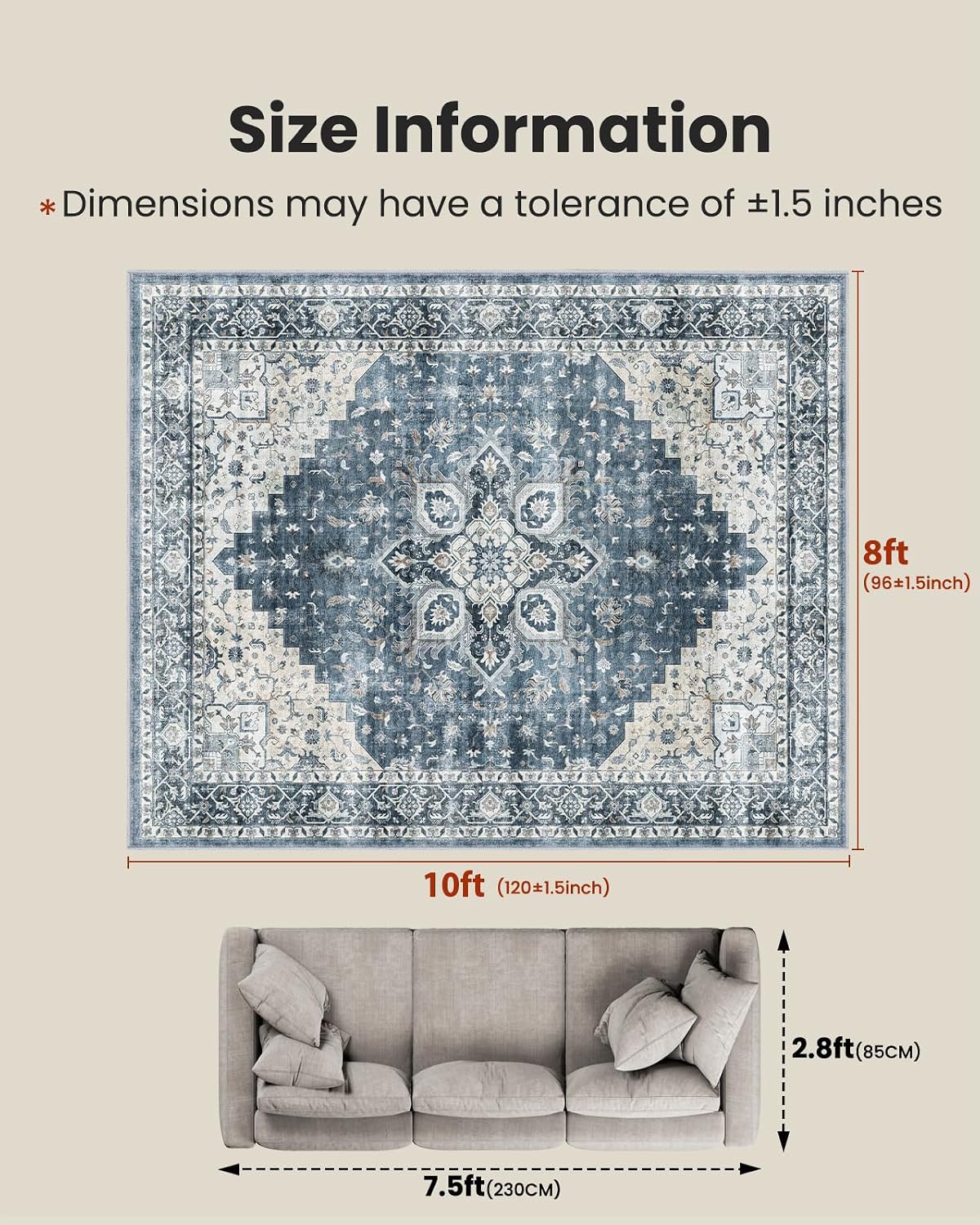Amada 8x10 Area Rugs for Living Room, Washable Area Rug, Blue