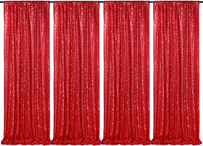 Red Sequin Backdrop 4 Panels 2FTx8FT Christmas Party Backdrop Curtains Photo Background Drapes Glitter Birthday Bridal Backdrop Drapes