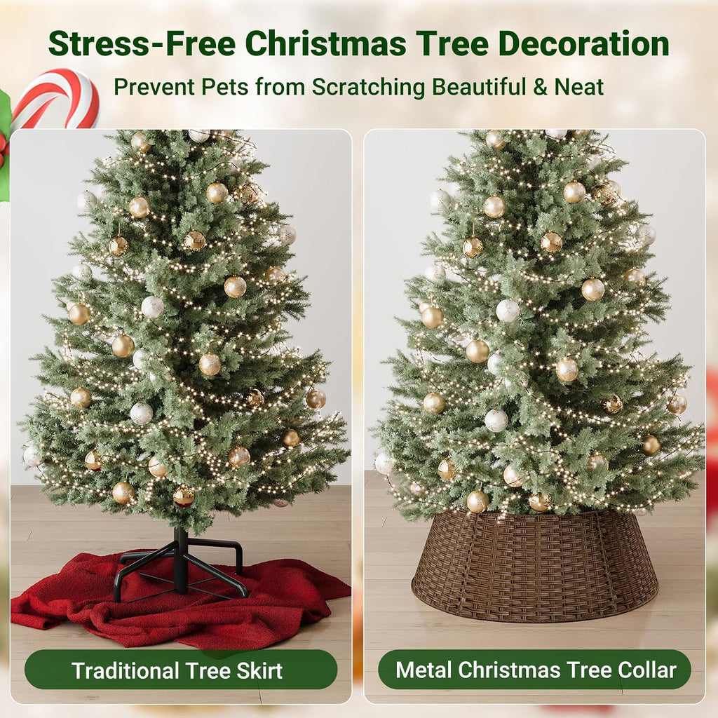 ELYKEN Wicker Christmas Tree Collar for 7.5 ft Trees, 28 Inch Woven Xmas Tree Skirt, Stylish Rustic Farmhouse Basket for Tree Base Cover with Cord Cut-Out for Pencil Tree, Brown