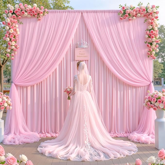 Baby Pink Tulle Backdrop Curtain for Wedding Parties,10ft x 10ft Wrinkle Free Curtain Backdrop,2 Layer Drapes for Backdrop,Polyester Back Drop for Bridal Shower Birthday Baby Shower Photography