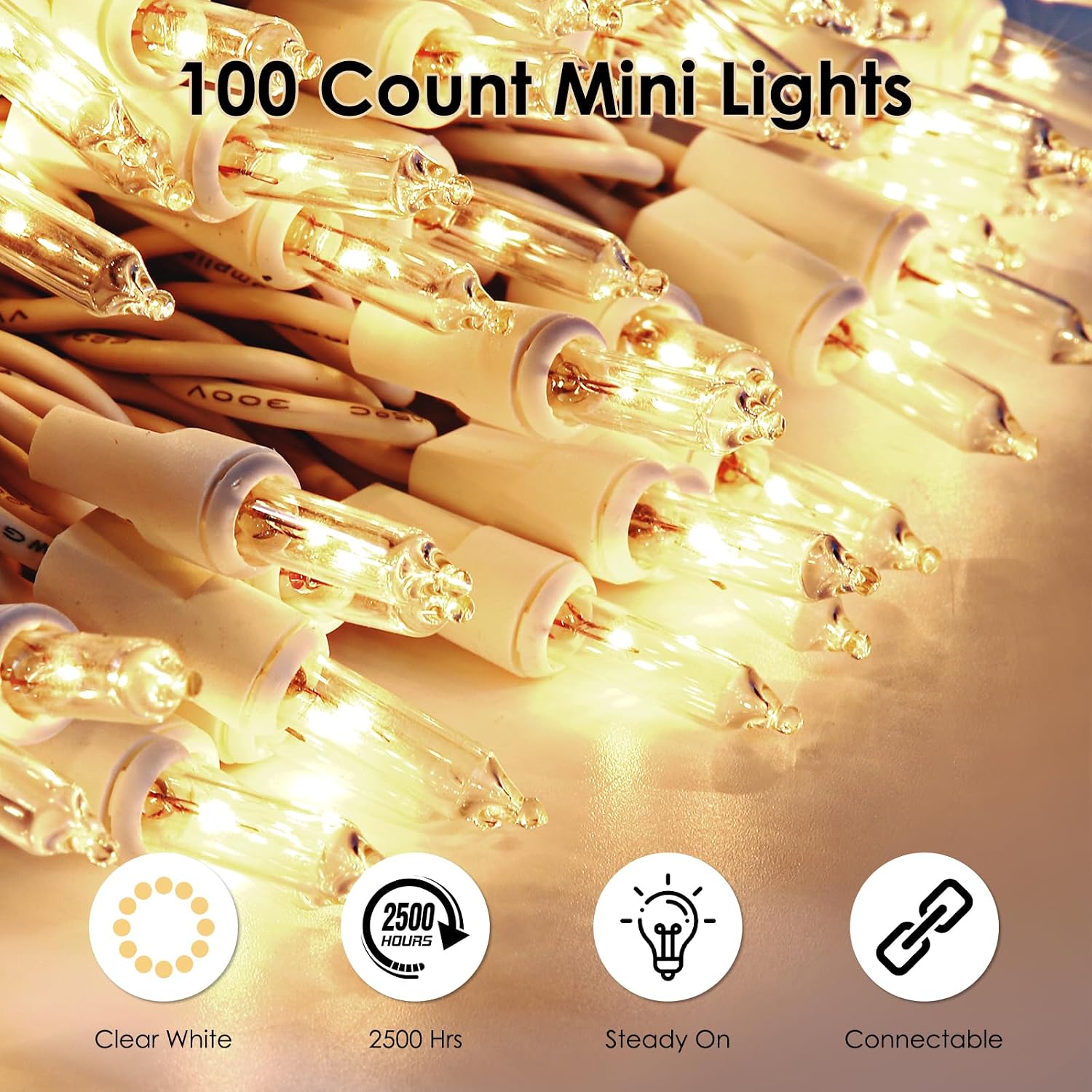 Meteds Christmas Lights 100 Count Clear White Wire UL Certified Connectable Warm White String Lights for Christmas Tree,Garland,Home,Patio, Wedding,Party,Festival Decor