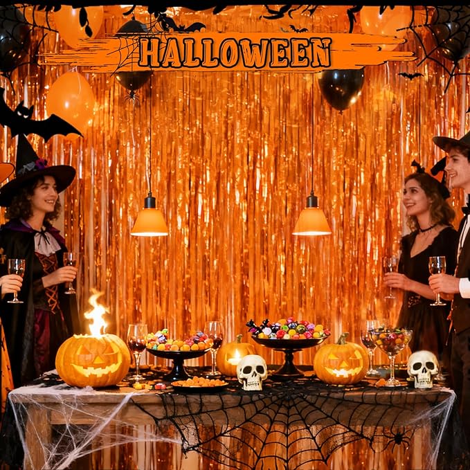 Crosize 2 Pack Foil Fringe Curtains Party Decorations, Orange Tinsel Curtain Backdrop for Parties, Door Streamers, Glitter Streamer Fringe Backdrop for Birthday Decoration