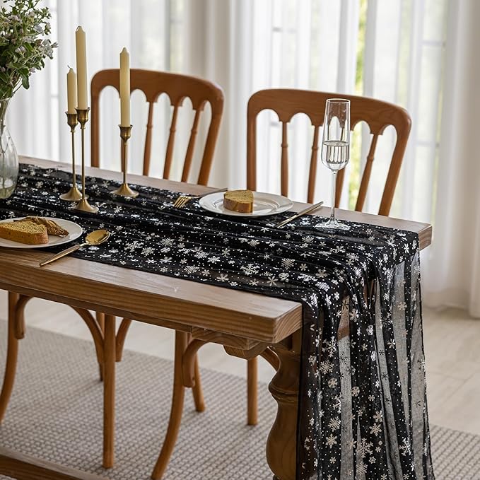 Silvery Snowflake Metallic Print Tulle Christmas Table Runner, Seasonal Winter Kitchen Dining Table Decoration for Home Party Decor 35x120 Inch (Black)
