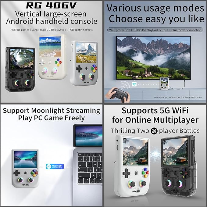 RG406V Handheld Game Console Preloaded Games RG 406V 4-inch IPS Multi-touch Screen Retro Game Console 128G UFS2.2 Android 13 Retro Emulator RG406V 5500mAh Battery 1080p DP Output WIFI Bluetooth Gray