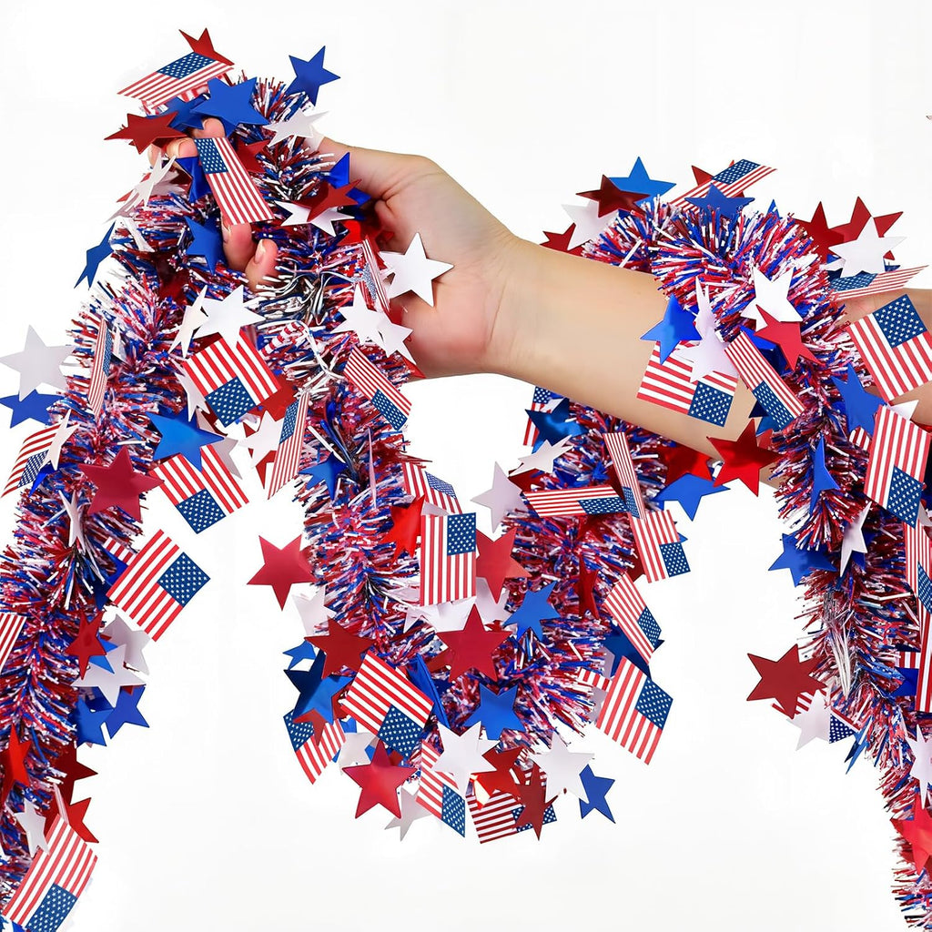Yuubin 4th of July Garland American Flags Star Tinsel Patriotic Red White and Blue Garland Independence Day Decoration,for Memorial Day Home Indoor Outdoor Party Stairs Fireplace Golf Cart Decor