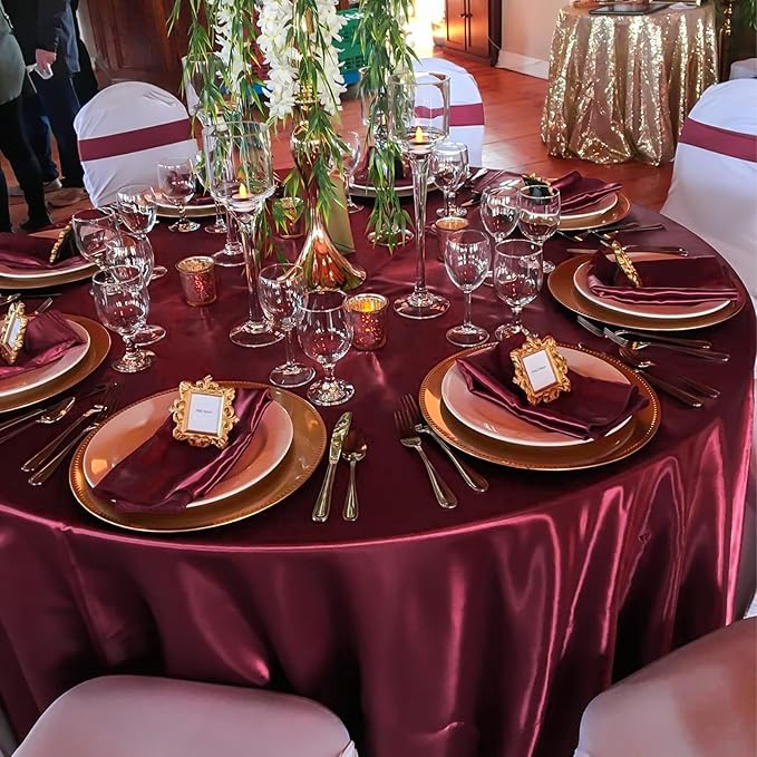 fani 12 Pack 120 Inch Burgundy Satin Tablecloth - Premium Bright Silky Round Tablecloth Overlay Smooth Fabric Table Cover, Table Decoration for Wedding Party Banquet Events Restaurant Kitchen Dining