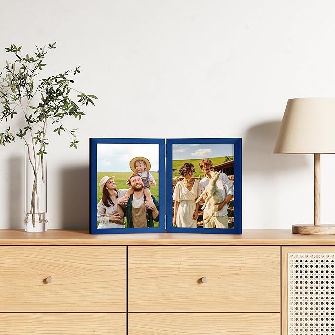 decorUhome Double 8x10 Picture Frame Vertical, Engineered Wood Bifold Photo Frame with Plexiglass for Tabletop Display, 8x10, Royal Blue