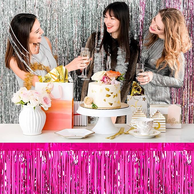 3 Pack 29 x108 Inch Fuchsia Foil Fringe Table Skirts Metallic Banner for Tinsel Streamer Garland Backdrop for Parade Floats Mother's Day, Graduate, Birthday, Wedding Party Decoration