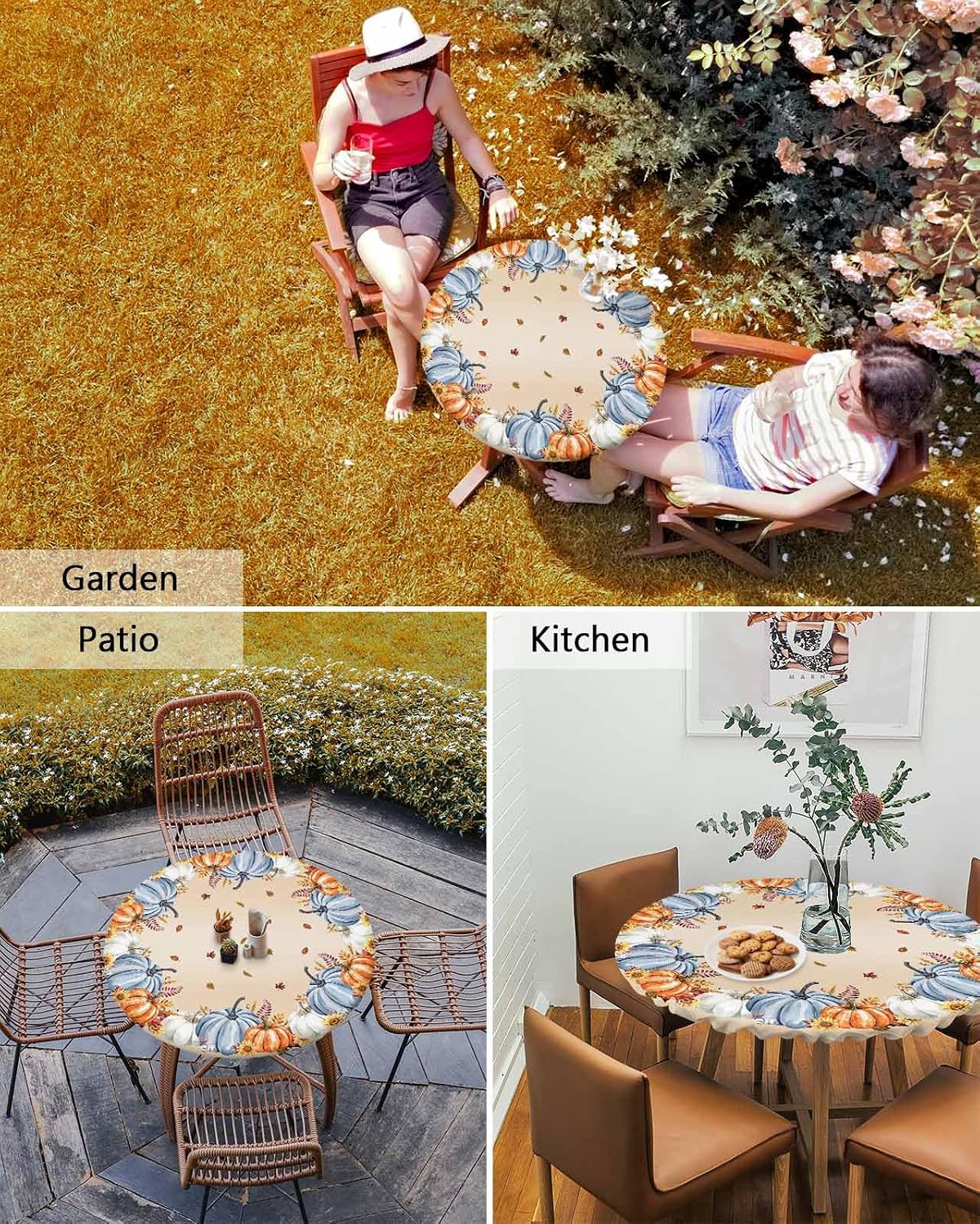 Fall Pumpkin Round Table Cloth Thanksgiving Fitted Tablecloth,Maple Leaves Ta...
