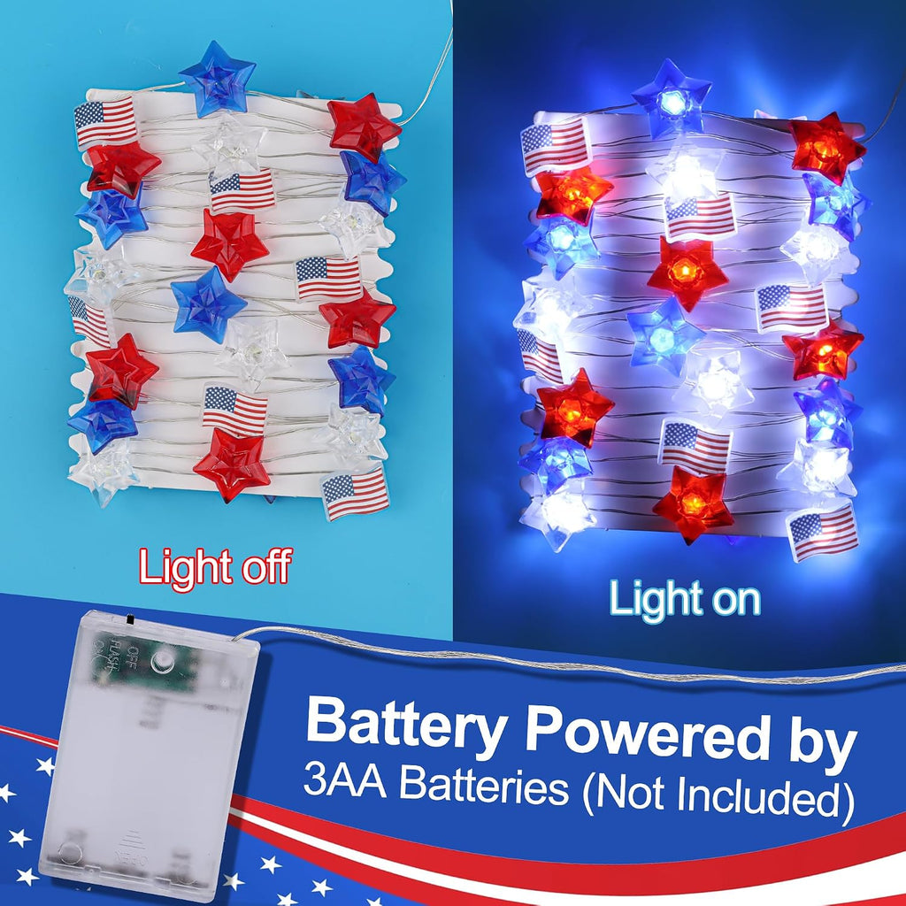 15FT 40 LEDs 4th of July Decorations String Lights Battery Operated, Red White and Blue Star American Flag Fourth of July Lights for Independence Day Memorial Day Patriotic Home Table Party Decor