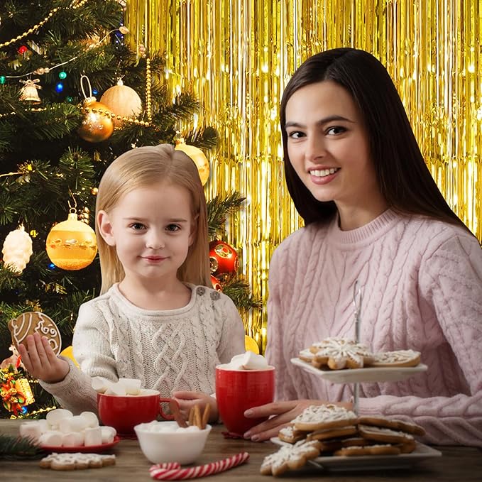 10 Pack Gold Backdrop Curtain 3.2ft x 8.2ft Metallic Tinsel Foil Fringe Curtains Photo Booth Background for Birthday Party Decoration Baby Shower Engagement Wedding Christmas Decoration (Gold)