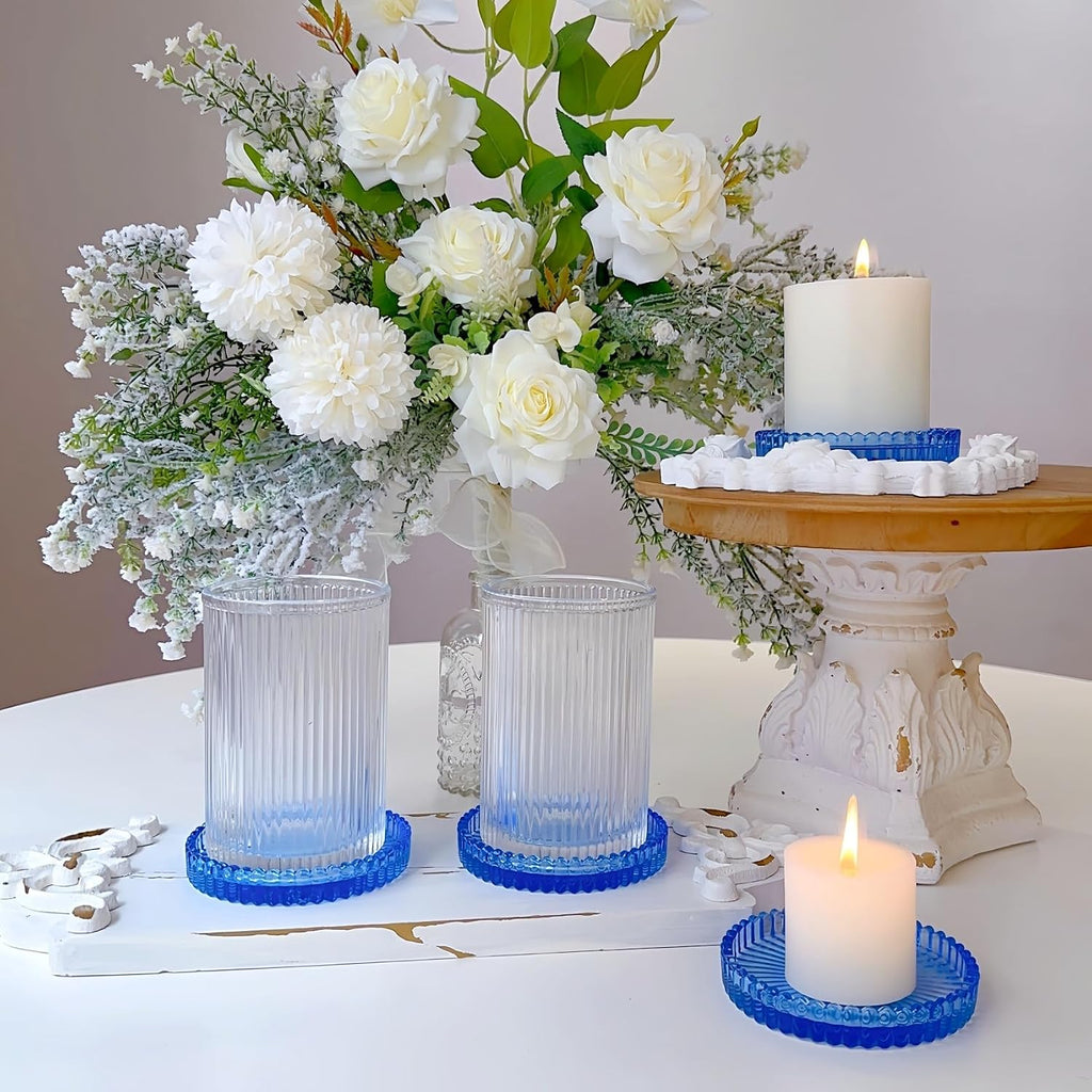 3.8 Inch Blue Glass Pillar Candle Holder Plates Set of 4 Coaster Holder Round Candle Stand for Table Centerpieces, Wedding,Party,and Home Decor