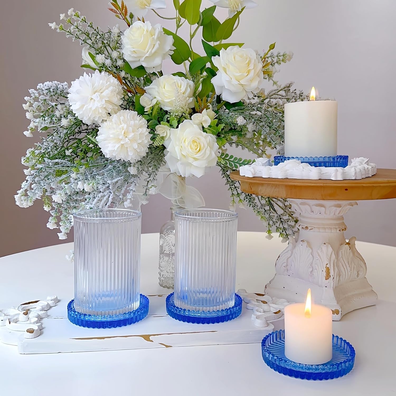 3.8 Inch Blue Glass Pillar Candle Holder Plates Set of 4 Coaster Holder Round Candle Stand for Table Centerpieces, Wedding,Party,and Home Decor