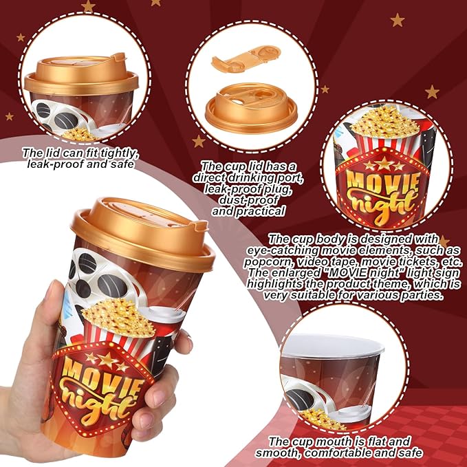 Yungyan 16 Sets Movie Night Party Favors Goodie Cups with Lids and Straws for Halloween Party Decorations Reusable 16oz Plastic Candy Cups Plastic Straws for Birthday Gift(Movie Night)