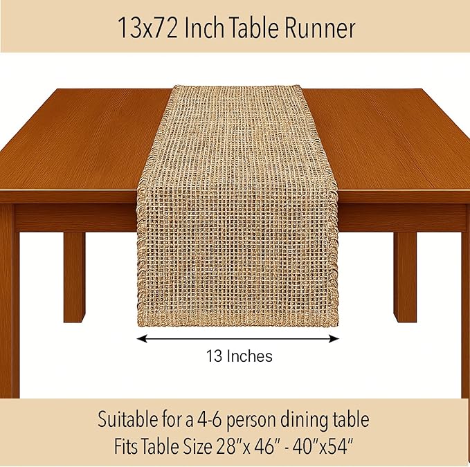 Chardin home Natural Jute Table Runner 13x72 Inch – Vintage Boho Rustic Table Decor – Handwoven Table Runner in Natural Jute and Brown – Farmhouse Dining or Console Table Accent