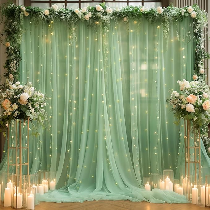 10x10ft Olive Green Tulle Backdrop Curtain for Parites, Sheer Backdrop Curtains for Wedding Baby Shower Birthday Party Photo Shoot Decorations
