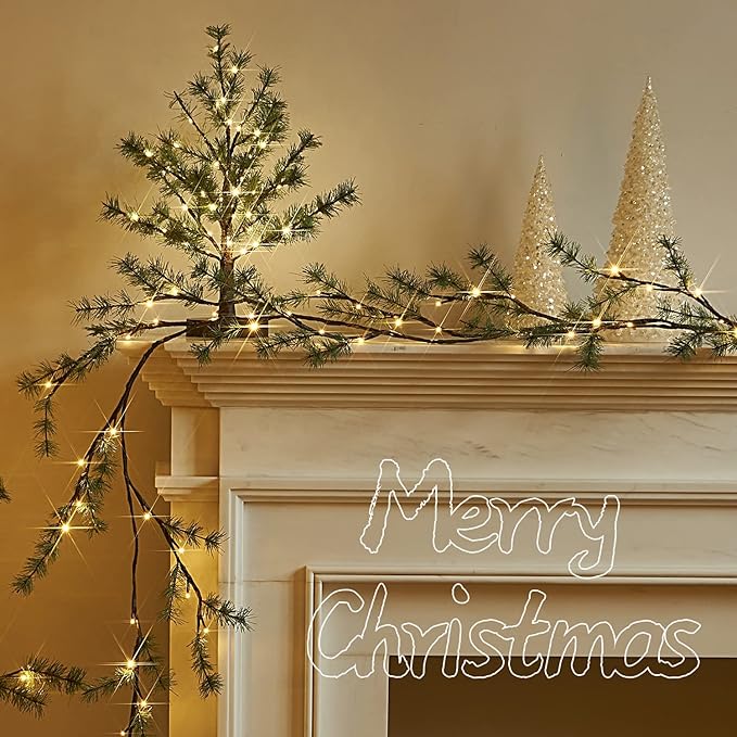 Fudios Lighted Christmas Pine Garland 6FT 48 Warm White LED Battery Operated with Timer for Mantle Fireplace Holiday Winter Decoration Indoor Outdoor Use