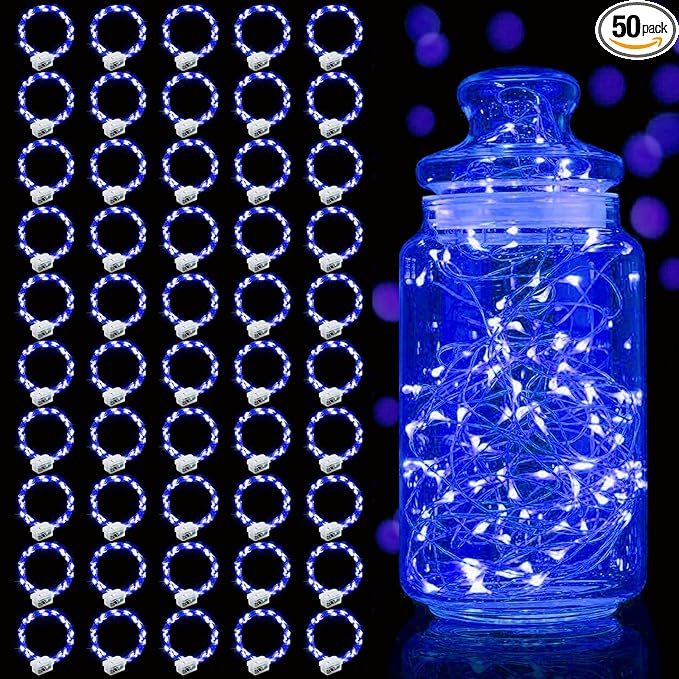 Aogist 50 Pack Fairy Lights 3 Modes 7ft 20 LED Waterproof,Battery Operated Silver Wire Firefly Starry Moon Mini String Lights for Mason Jars Christmas DIY Crafts Wedding Party Bedroom,Blue