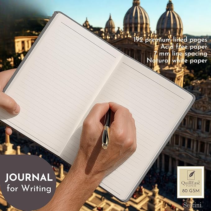 SETTINI Lined Journal, Ideal for Journaling - A5 Vegan Leather Notebook, 192 Archival-Quality Pages, QuillEase Bleed-Free Paper, Inner Pocket & Bookmark - Travel Journal for Men & Women, Grey Compass