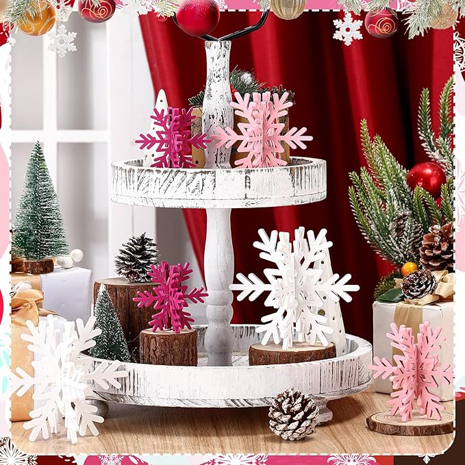 Bucherry 12 Pcs Wooden Snowflake Table Decor 3D Snowflake Tabletop Signs and Centerpiece for Christmas Xmas Winter Wonderland Decorations Home Party(White, Pink, Rose Red)