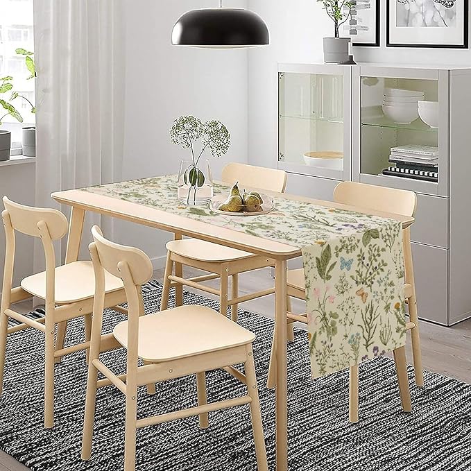 Floral Botanical Table Runner, Garden Spring Flower Botanical Butterfly Animal for Restaurant, Kitchen, Wedding, Party Rectangular Table Runner Decoration,13in（33cm） W * 90in（229cm） L
